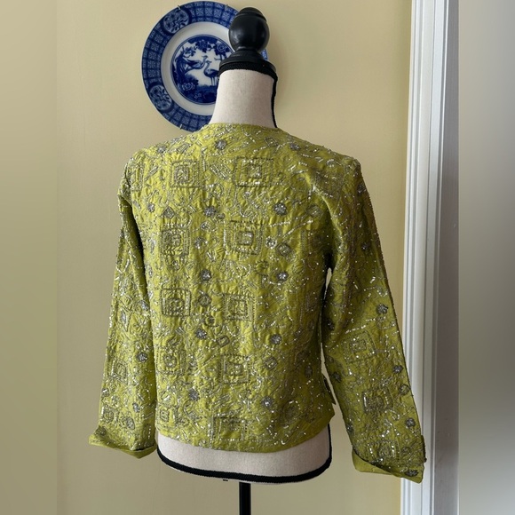 Chico's | Vintage 90s Silk Statement All Over Sequin Blazer, Chartreuse Green - Picture 2 of 9